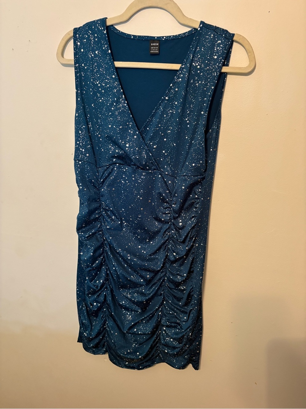 SHEIN Blue Sparkle Ruched V-Neck Mini Dress